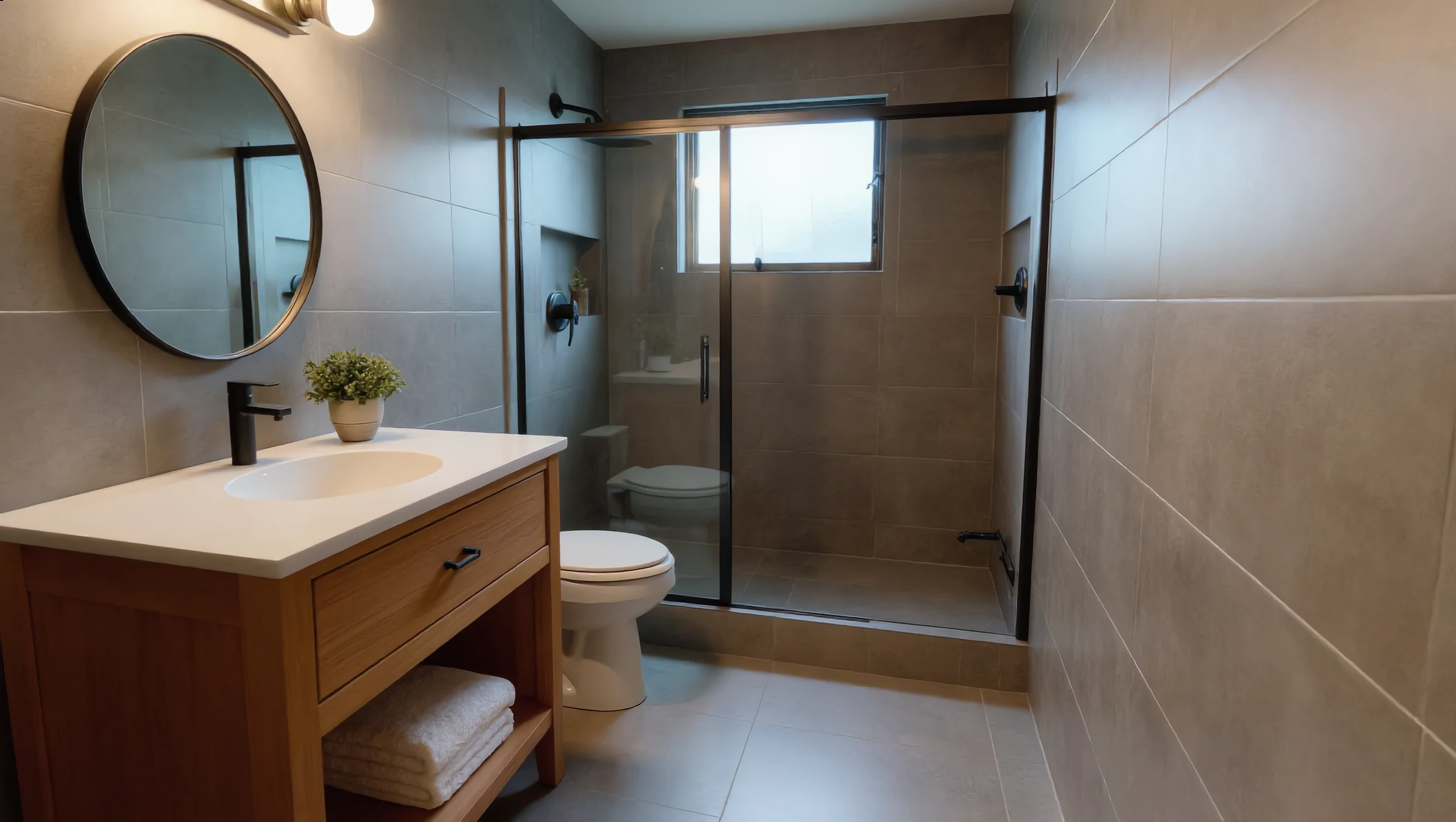 Remodeled bathroom with walk-in glass shower and oak vanity